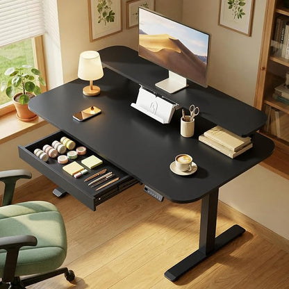 GTPLAYER Electric Standing Desk with Drawers, 55 x 24 Inches Height Adjustable Computer Desk with Monitor Stand, Laptop Stand, Home Office Sit Stand Up Desk with Memory Preset, Black
