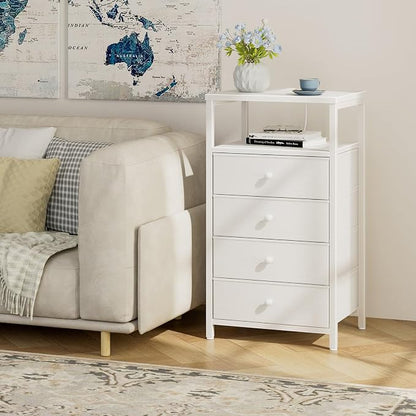 BOLUO Tall Night Stand with Drawers, White Nightstand with Charging Station and LED Light, Small White 4 Drawer Dresser for Bedroom, Room Storage Closet