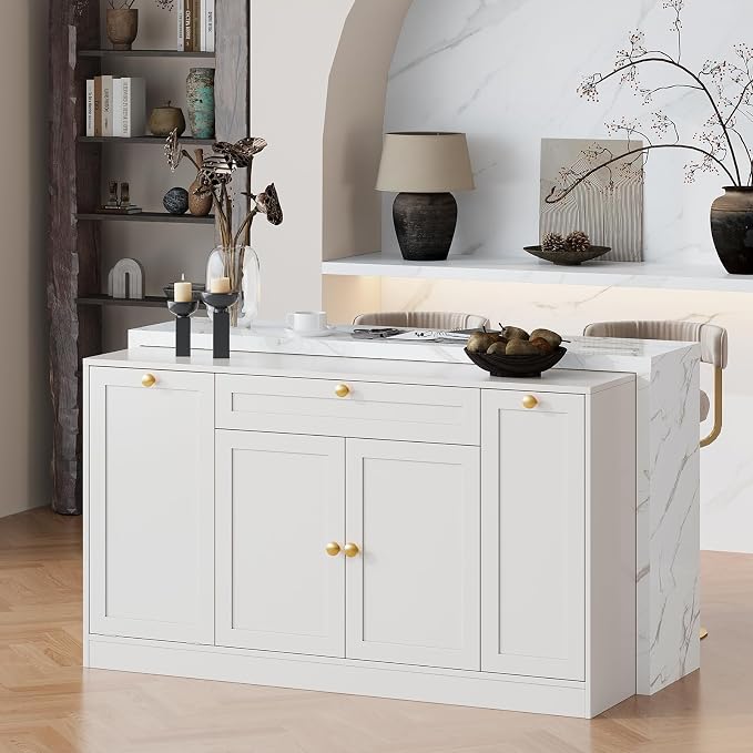 ONBRILL 63" Kitchen Island with Storage, Island Table with Power Outlet & Trash Cabinet, Kitchen Island with Marble Countertop for Kitchen, Dining Room, Living Room, White