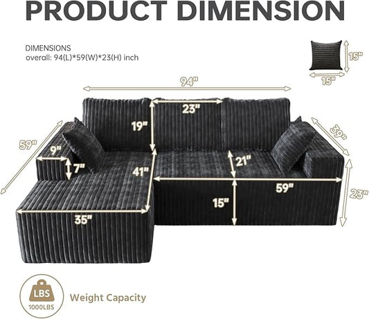 Cloud Boneless Sectional Couches with Oversized Chaise for Living Room, Modular L Shaped Couch with Deep Seat, Memory Foam Compressed 3 Seater Sofa for Apartment