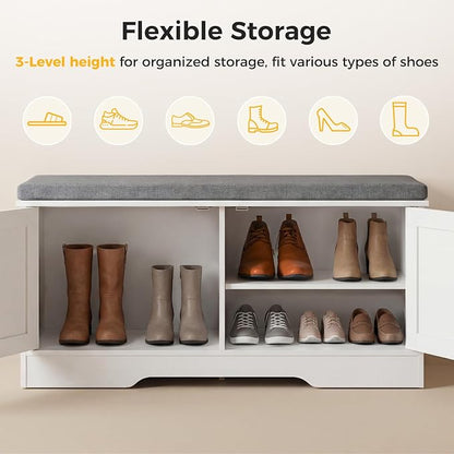 39" Shoe Bench, with Storage with Padded Seat Cushion, Modern 4-Door Shoe Cabinet with Adjustable Shelf for Entryway, Bedroom, Living Room, White