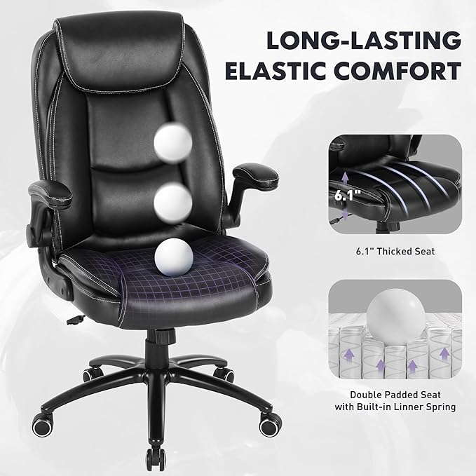 MALOL 300lbs Office Chair with Flip-Up Armrests & Reclining Backrest, Ergonomic PU Leather Executive Desk Chair-Adjustable Height & Tilt Tension, Black
