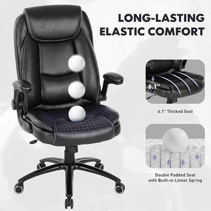 MALOL 300lbs Office Chair with Flip-Up Armrests & Reclining Backrest, Ergonomic PU Leather Executive Desk Chair-Adjustable Height & Tilt Tension, Black