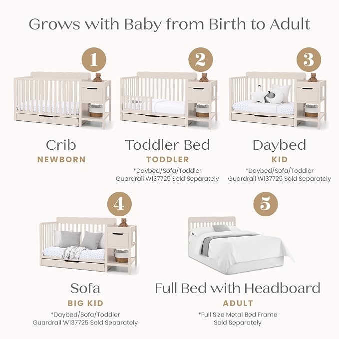 Delta Children Maya 5-in-1 Convertible Crib and Changer with Storage, Converts to Toddler Bed, Daybed, Sofa & Full Bed, Greenguard Gold Certified, 3 Mattress Heights for Baby, Soft Beige