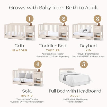 Delta Children Maya 5-in-1 Convertible Crib and Changer with Storage, Converts to Toddler Bed, Daybed, Sofa & Full Bed, Greenguard Gold Certified, 3 Mattress Heights for Baby, Soft Beige