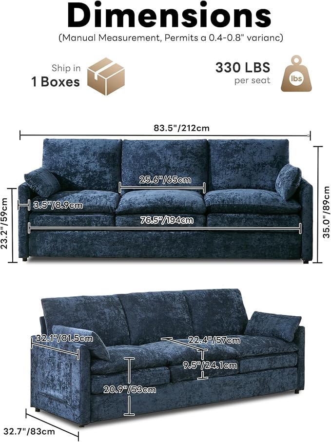 Iroomy 83" Cloud Couch, Chenille Modern Sofa 3 Seater, Comfy Plush Thick Cushions, Pocket Springs, Cloud-Like Comfort Sofas for Small Living Room Apartment, Blue