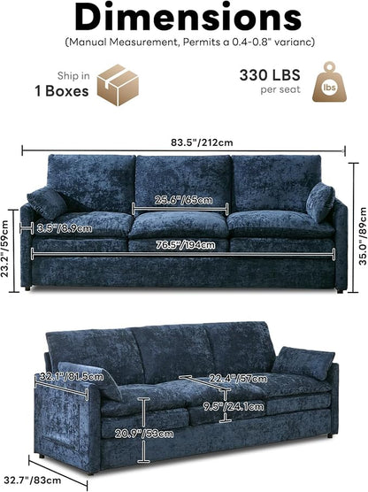 Iroomy 83" Cloud Couch, Chenille Modern Sofa 3 Seater, Comfy Plush Thick Cushions, Pocket Springs, Cloud-Like Comfort Sofas for Small Living Room Apartment, Blue