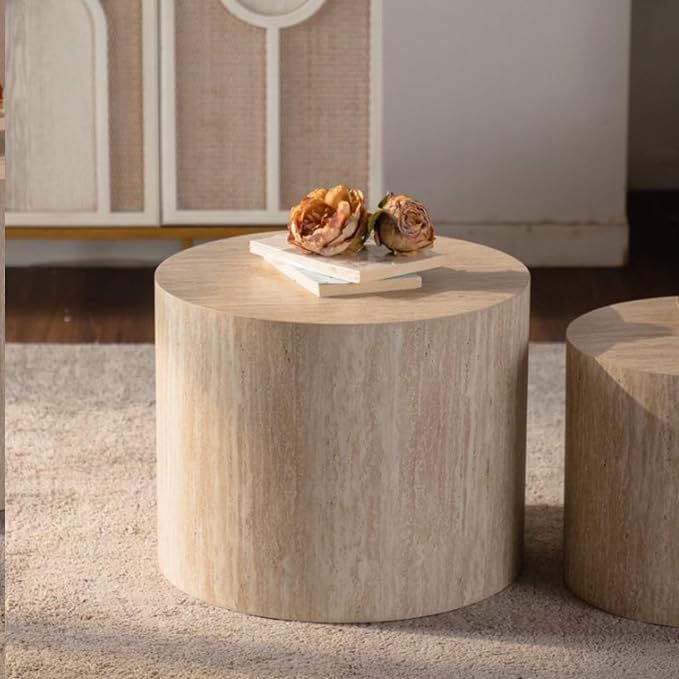 Nesting Coffee Table Set of 2, Modern Round Coffee Table with Non-Slip Feet, Oak Wooden Circle Accent Tables for Small Spaces Living Room Bedroom Balcony Office Drum Side Table (Amber)