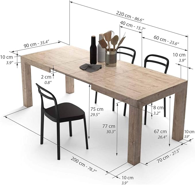 Mobili Fiver, Iacopo Extendable Dining Table, 55.1(86.6) x35.4 in, Oak, for 6-10 People, Expandable Dining Table for Kitchen, Living Room, Italian Furniture