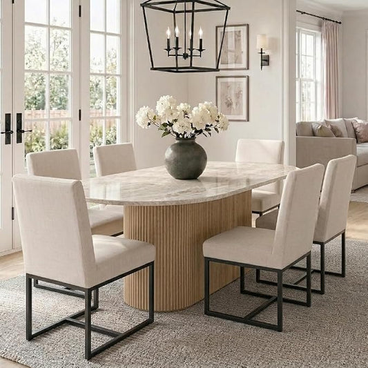 HNY Modern Dining Chairs Set of 6, Upholstered Linen Dining Room Chairs with Ergonomic Back & Metal Frame for Home, Kitchen, Apartment, Cream