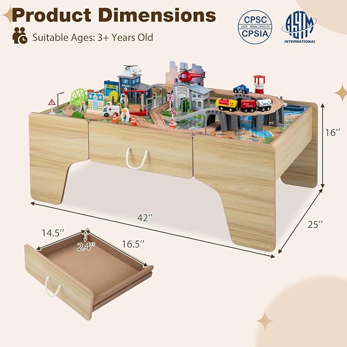 Costzon 110-Piece Wooden Train Table with Drawer for 3+ Years Old Toddlers | 3-in-1 Kids Activity Play Set w/ Reversible Tabletop, Storage Space, Train Tracks, Figures, Vehicles, and Buildings