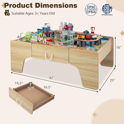 Costzon 110-Piece Wooden Train Table with Drawer for 3+ Years Old Toddlers | 3-in-1 Kids Activity Play Set w/ Reversible Tabletop, Storage Space, Train Tracks, Figures, Vehicles, and Buildings