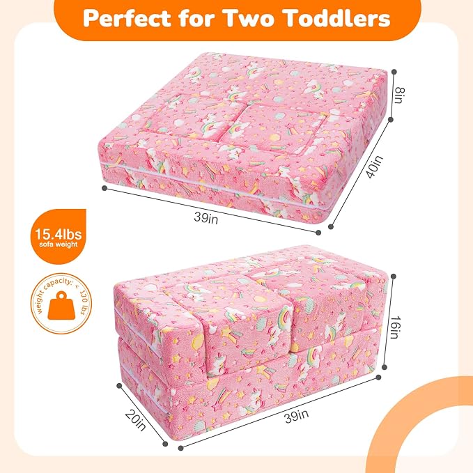 MeMoreCool Colorful Unicorn Glow-in-the-Dark Kids Play Couch, Modular Toddler Couch that Folds Out to Bed, Convertible Foam Loveseat for Girls Bedroom and Playroom