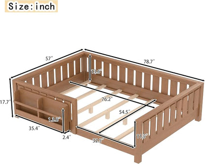 Bellemave Natural Montessori Floor Bed with Fence and Slats, Full Size Montessori Floor Bed with Bookcase and High Rails, Easy Assemble Bed Frame for Girls, Boys, Full
