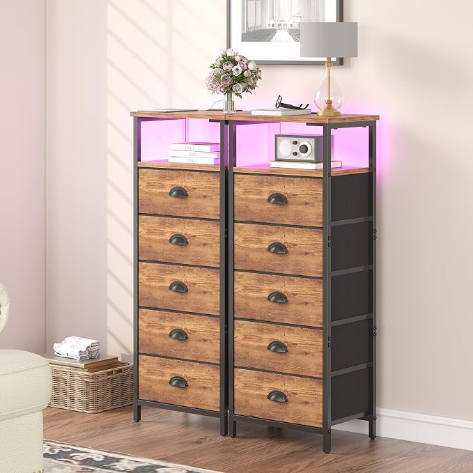 sthmec Nightstand with Charging Station,LED Night Stand with 5 Fabric Drawers, Bedside End Tables, 2-Tier Open Storage Shelf Side Table Nightstands with Drawers for Bedroom,Rustic Brown