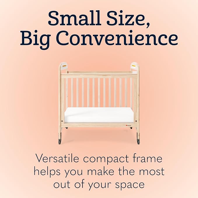 Foundations Serenity Compact 3 Side Clearview Daycare Crib Natural, Fixed Side, Durable Wood Construction, Non-Marking Casters (2 Locking), Includes 3” InfaPure Foam Mattress