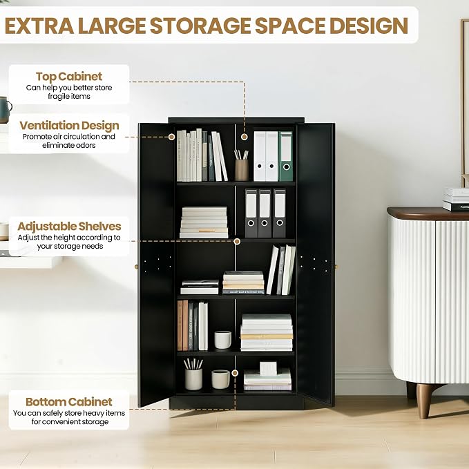 Kitchen Pantry Cabinet, 61" H Storage Cabinet with Doors and Adjustable Shelves, Spacious Cupboard with 2 Handles, Metal Kitchen Cabinet for Dining Room, Living Room,Black