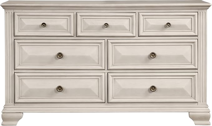 Roundhill Furniture Renova Distressed Parchment Wood Bedroom Set, King Panel Bed, Dresser, Mirror, Two Nightstands