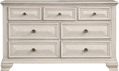 Roundhill Furniture Renova Distressed Parchment Wood Bedroom Set, King Panel Bed, Dresser, Mirror, Two Nightstands