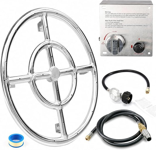 GRISUN Fire Pit Burner Ring Kit 12 Inch, Propane Fire Pit Kits, Come with Propane Fire Pit Hose Kit and Upgraded Gas Control Spark Ignition Kit, DIY Round Gas Fire Pit Kit, Stainless Steel