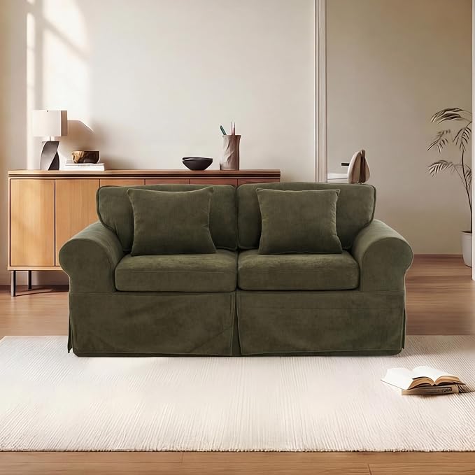 Mistpeople Modern Loveseat Sofa Couch, Upholstered Comfy Sofa with Pillows & Armrests, Deep Seating Couch with Removable Cover for Living Room Bedroom Apartment Office Small Spaces, Green 2 Seats