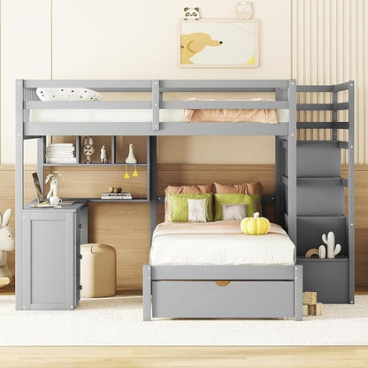 MERITLINE Full Over Twin L Shaped Bunk Bed with Stairs and Desk,Solid Wood L-Shaped Bunk Bed with Storage Drawers,Shelves,Ladder,Headboard and Guardrail,No Box Spring Needed (Grey)