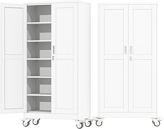 73.6" Metal Garage Storage Cabinet with Wheels and Locking Doors | Tall Rolling Steel Tool Cabinet with 5 Adjustable Shelves for Garage,Home Office(White, 73.6''H x 35.4''W x17.7''D)