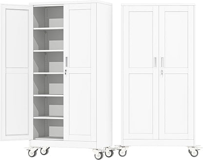 73.6" Metal Garage Storage Cabinet with Wheels and Locking Doors | Tall Rolling Steel Tool Cabinet with 5 Adjustable Shelves for Garage,Home Office(White, 73.6''H x 35.4''W x17.7''D)
