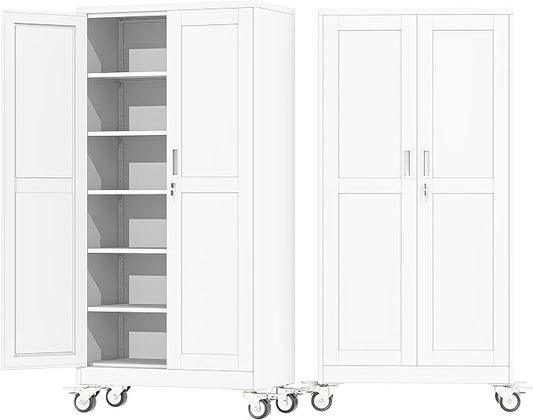 73.6" Metal Garage Storage Cabinet with Wheels and Locking Doors | Tall Rolling Steel Tool Cabinet with 5 Adjustable Shelves for Garage,Home Office(White, 73.6''H x 35.4''W x17.7''D)
