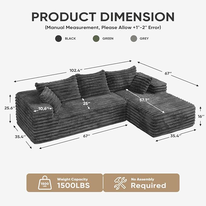 Cloud Sectional Couch with L-Shape Chaise,Modern Modular Sofa with Deep Seat, Upholstered Couches with Right Facing Chaise for Living Room Bedroom, No Assembly Required, Grey (Plush Corduroy Fabric) | 102.4" Modular Sectional Sofa, Cloud Couch Sectiona...