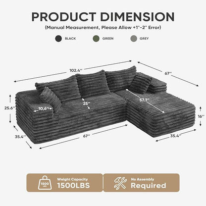 Cloud Sectional Couch with L-Shape Chaise,Modern Modular Sofa with Deep Seat, Upholstered Couches with Right Facing Chaise for Living Room Bedroom, No Assembly Required, Grey (Plush Corduroy Fabric) | 102.4" Modular Sectional Sofa, Cloud Couch Sectiona...
