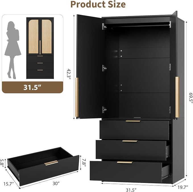 Garvee 70" Wardrobe Armoire Wooden Closet with 2 Doors and 3 Drawers, Bedroom Armoire with Hanging Rod Shelf, Large Capacity Storage Wardrobe Armoire, Freestanding Wooden Closet Storage Cabinet
