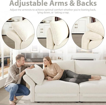 DreamDashio 126″ 6-Seat Modular Sectional Sofa for Living Room, Oversized Cloud Couch with Storage, 8 Adjustable Backs & 8 Pillows, High Back, Beige Chenille