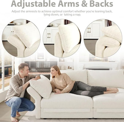 DreamDashio Oversized Cloud Sectional Couches for Living Room, 159" Extra Wide, Deep Modular Sofa with Storage, Adjustable Arms, High Backs, 9 Seater, Beige Chenille