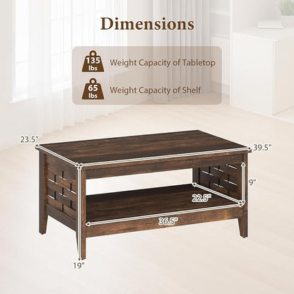 Giantex Farmhouse Coffee Table, 2-Tier Center Table with Storage Open Shelf & Woven Slatted Design, 39.5" Rectangular Accent Cocktail Table, Wood Coffee Tables for Living Room (Rustic Brown)