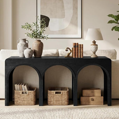 Fatmok 3-Piece Furniture Set with Arched Wine Cabinet, 3-Drawer Nightstand and Triple Arch Console Table, Wood Grain Display Bar Station with LED Lighting, USB Port and Open Shelving, Black Grey