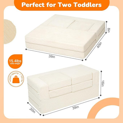 MeMoreCool Modular Kids Couch, Corduroy Play Toddler Couch for Bedroom Playroom Furniture, Convertible Foam Kids Sofa Bed, Fold Out Baby Sofa for Girl Boy, Beige