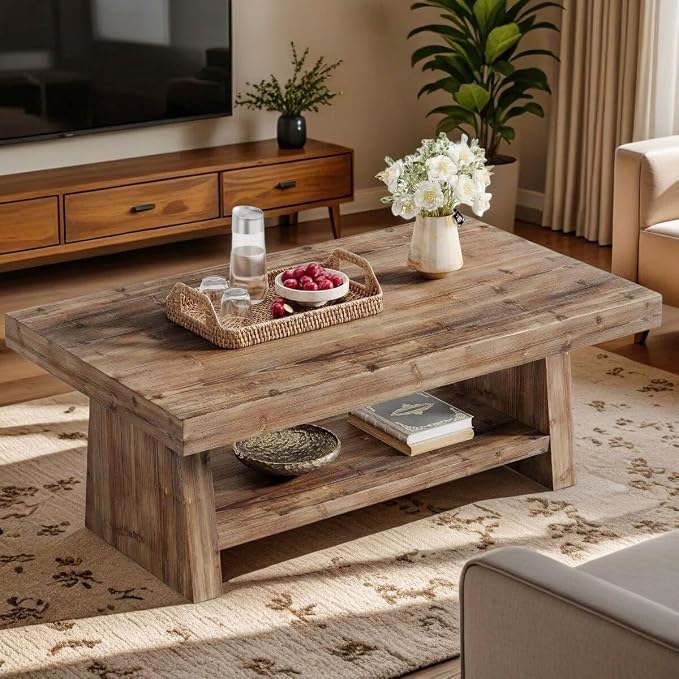47" Solid Wood Coffee Table, 2-Tier Rectangular Farmhouse Center Table with Storage Shelf, Distressed Charred Wood Coffee Tables for Living Room, Rustic Vintage Carbonized