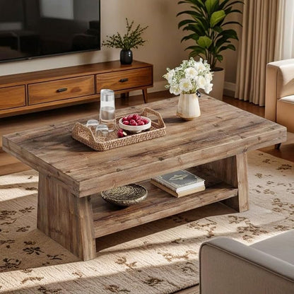 47" Solid Wood Coffee Table, 2-Tier Rectangular Farmhouse Center Table with Storage Shelf, Distressed Charred Wood Coffee Tables for Living Room, Rustic Vintage Carbonized