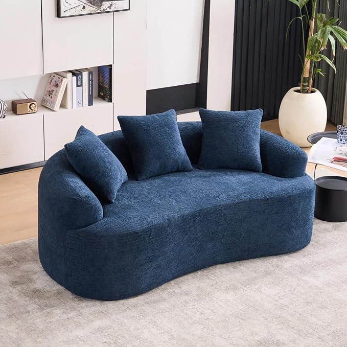 65" Curved Loveseat,Deep Seat Cloud Floor Couch with 3 Backrest,Cozy Chenille Fabric,Small Loveseat for Small Spaces,Bedroom,Office,Apartment (Blue, 65 Inch)