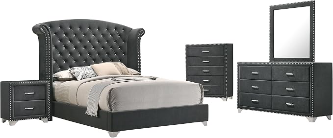 Coaster Home Furnishings Melody Modern Classic 5-Piece Bedroom Set Velvet Upholstered Eastern King Size Wingback Bed Frame 66-inch Headboard Grey 223381KE-S5