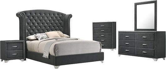 Coaster Home Furnishings Melody Modern Classic 5-Piece Bedroom Set Velvet Upholstered Eastern King Size Wingback Bed Frame 66-inch Headboard Grey 223381KE-S5