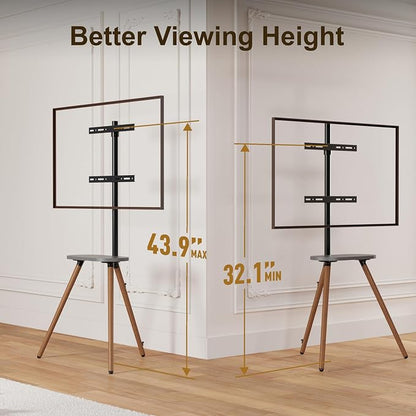 Tripod Easel TV Stand for 43–65 Inch TVs, Height Adjustable Swivel Floor Stand with Wood Shelf and Cable Management, VESA 400x400, Minimalist Black Walnut