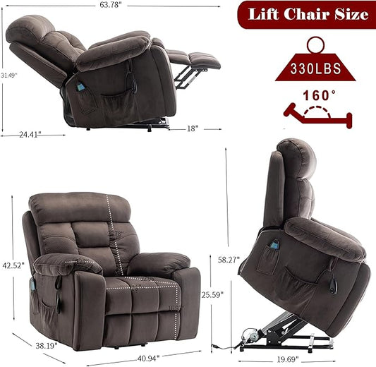 FUNECORP Power Lift Recliner Chair with Massage and Heating Functions,Velvet Sofa with 2 Remote Controls and Two Cup Holders,Recline up to 160 Degrees,Suitable for Living Room