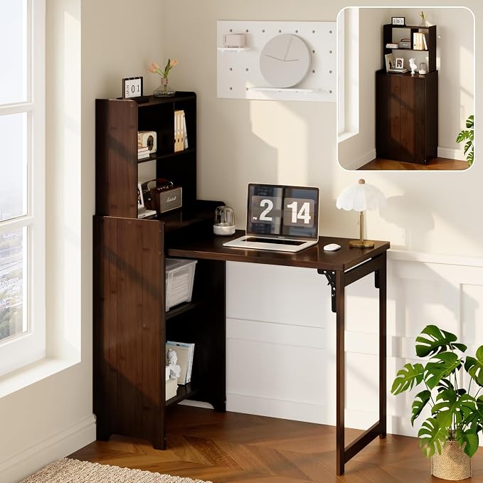 Bamboo Folding Desk with Bookshelf, Space-Saving Foldable Computer Desk with Storage Shelves for Small Spaces, Writing Study Table for Home Office, Bedroom, Dorm, Apartment, Brown
