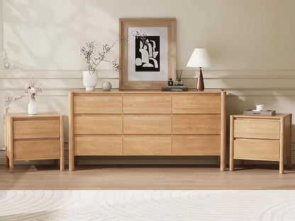 CHUWELL 3-Piece Bedroom Dresser Set-9 Drawer Dresser & 2 Nightstands,63" Wide Oak Dresser and Night Stands with Solid Wood Cylindrical Legs,Rustic Wooden Storage for Bedroom