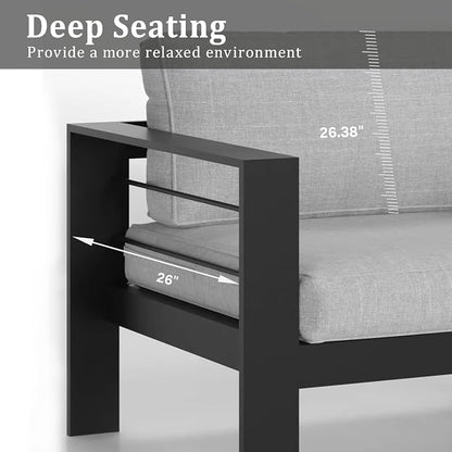 Kiss the Water 2 PCS Aluminum Outdoor Patio Sofa Set, All Weather Rust-Proof Metal Patio Couch, Modern Outdoor Furniture for Backyard Porch Garden, 5" Thick Waterproof Olefin Cushions, Light Grey