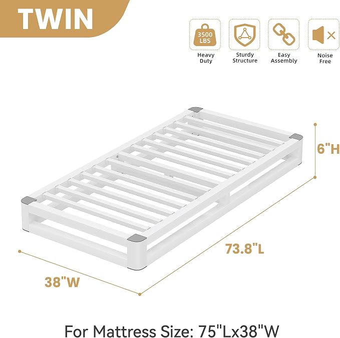 6 Inch Twin Bed Frames with Rounded Corner and Squeak Free U-Slot Design, Metal Platform Bed Frames 6 Non-Slip Guards, 3500lbs Heavy Duty Steel Slat Support, No Box Spring Needed, White