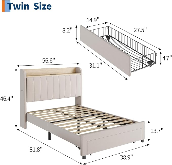 GarveeHome Twin Size Bed Frame with Storage Headboard and Charging Station, Upholstered Platform Bed Frame with Drawers, Heavy Duty, No Box Spring Needed, Easy Assembly, Beige