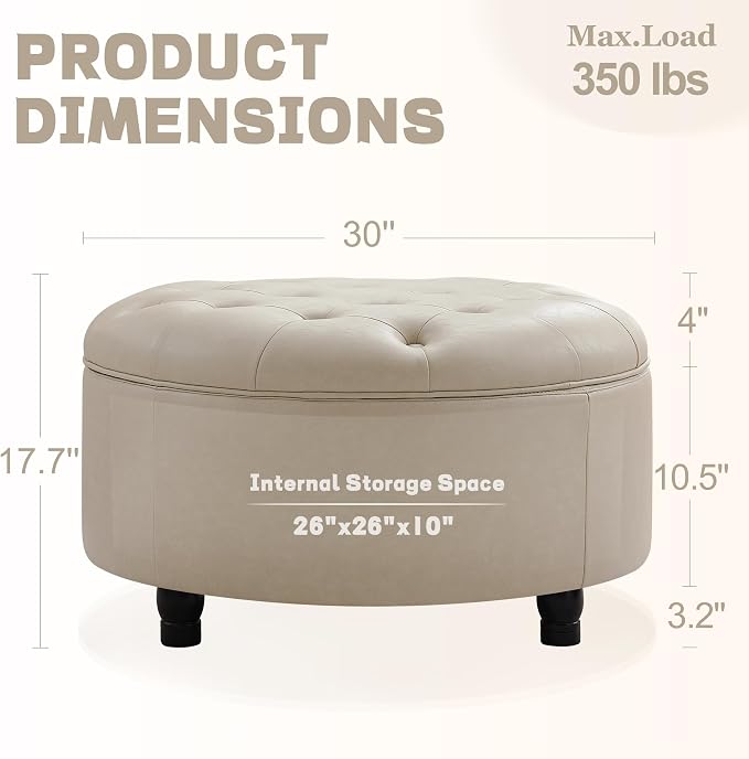 30-Inch Round Storage Ottoman, Button Tufted Ottoman Coffee Table with Removable Top for Living Room, Bedroom, Office (Beige)